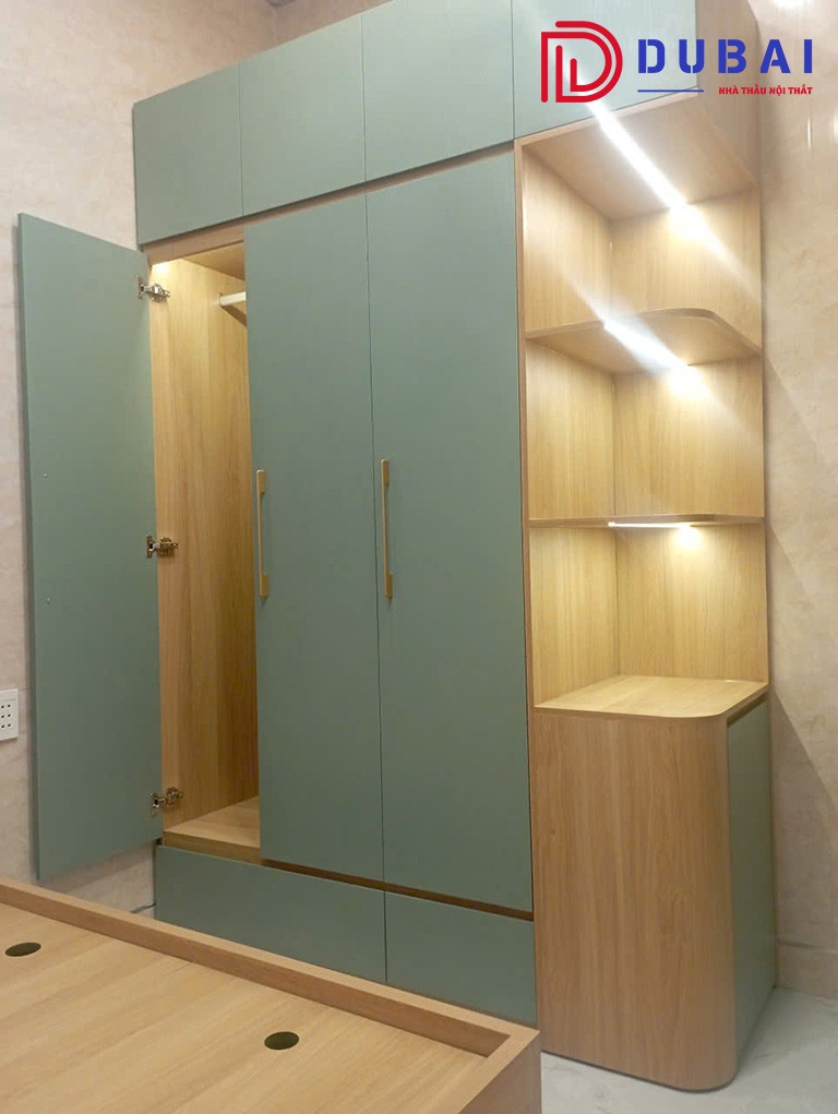 mẫu tủ quần áo được thi công với tone màu xanh ghi