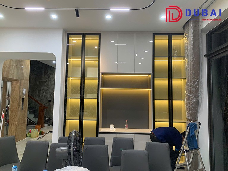 hệ tủ sách trang trí có đèn led hiện đại