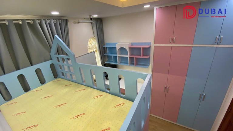 mẫu giường tầng màu xanh chó bé trai và gái