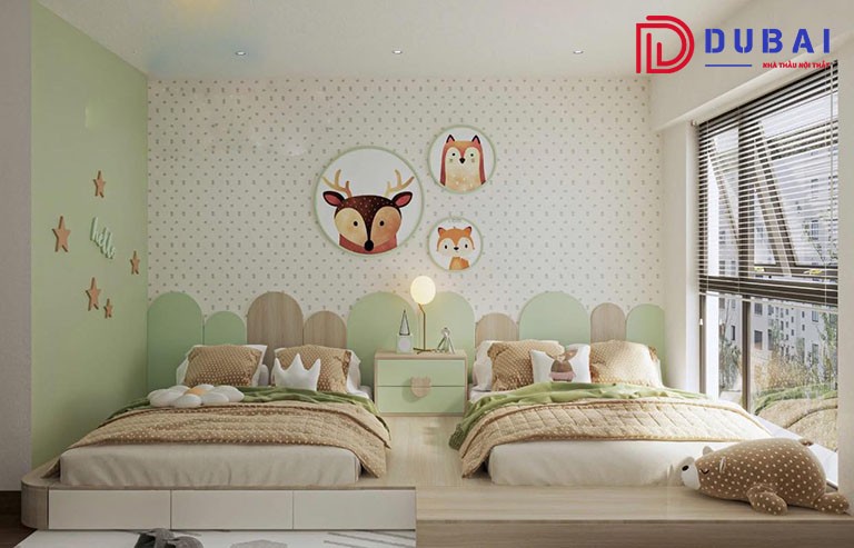 Không gian ngủ đôi tối giản nhưng vẫn đầy đủ tiện nghi cho bé.