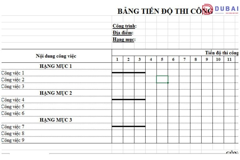 bảng tiến độ thi công nội thất